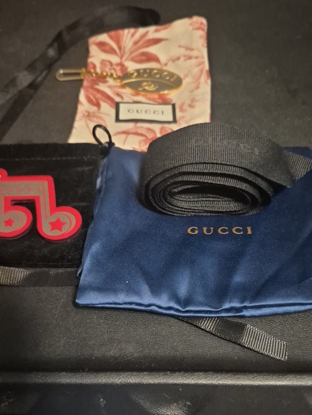 Gucci Bundle: Tree Ornament, Black Gucci Ribbon, Bag Charm And 2 Gucci Pouches
